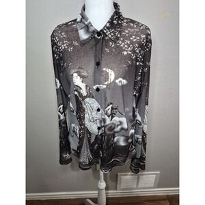 Merchant Button Down Shirt XL Asian Inspired Print  Brown Preppy Artsy Sheer